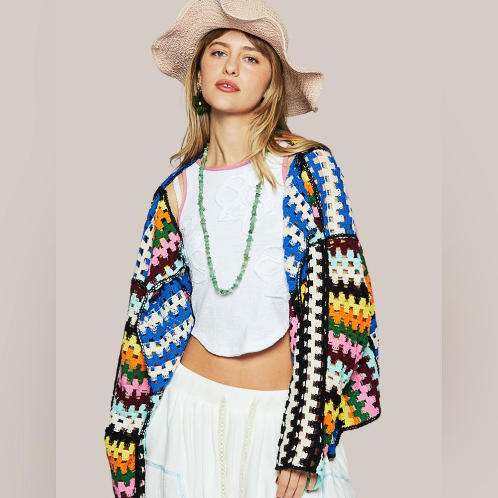 POL Colorful Crocheted Patchwork Open Front Cardigan Sweater Boho Statement - Picture 5 of 9